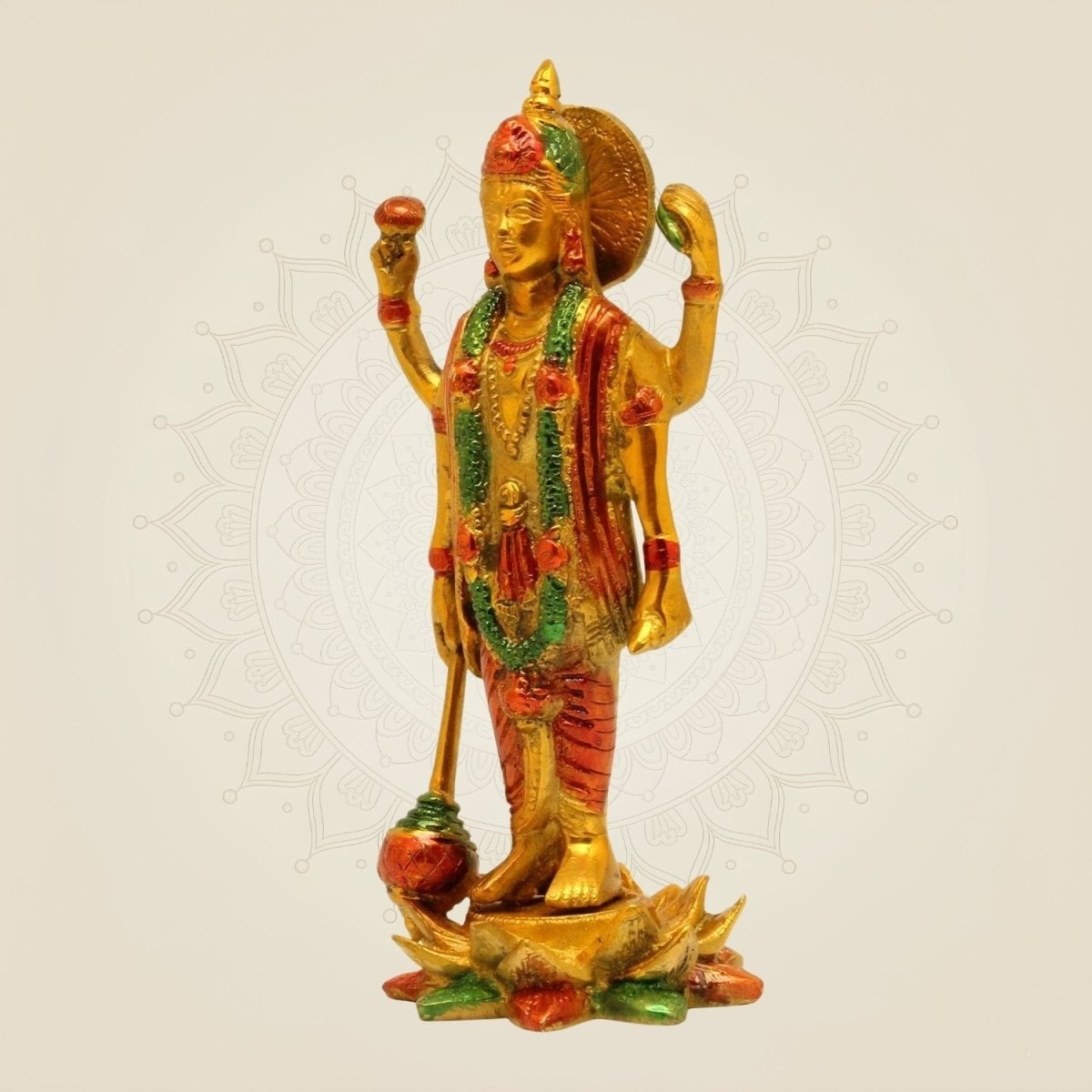Hand - Painted Brass Vishnu Idol 8.25" – Standing Statue on Lotus Base - Luxeartisanship