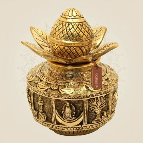 Handcrafted Brass Kalash with Coconut & Lotus 7.75"– Auspicious Pooja Decor