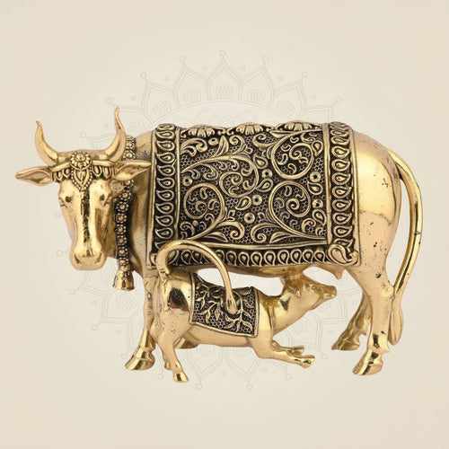 Handcrafted Brass Kamdhenu Cow with Calf Idol 2.5" - Auspicious Statue for Wealth, Peace