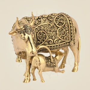 Handcrafted Brass Kamdhenu Cow with Calf Idol 2.5" - Auspicious Statue for Wealth, Peace - Luxeartisanship