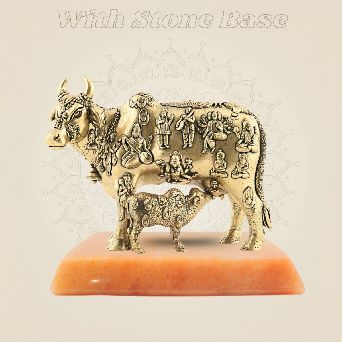 Brass Kamdhenu Cow with Calf Idol with gemstone base