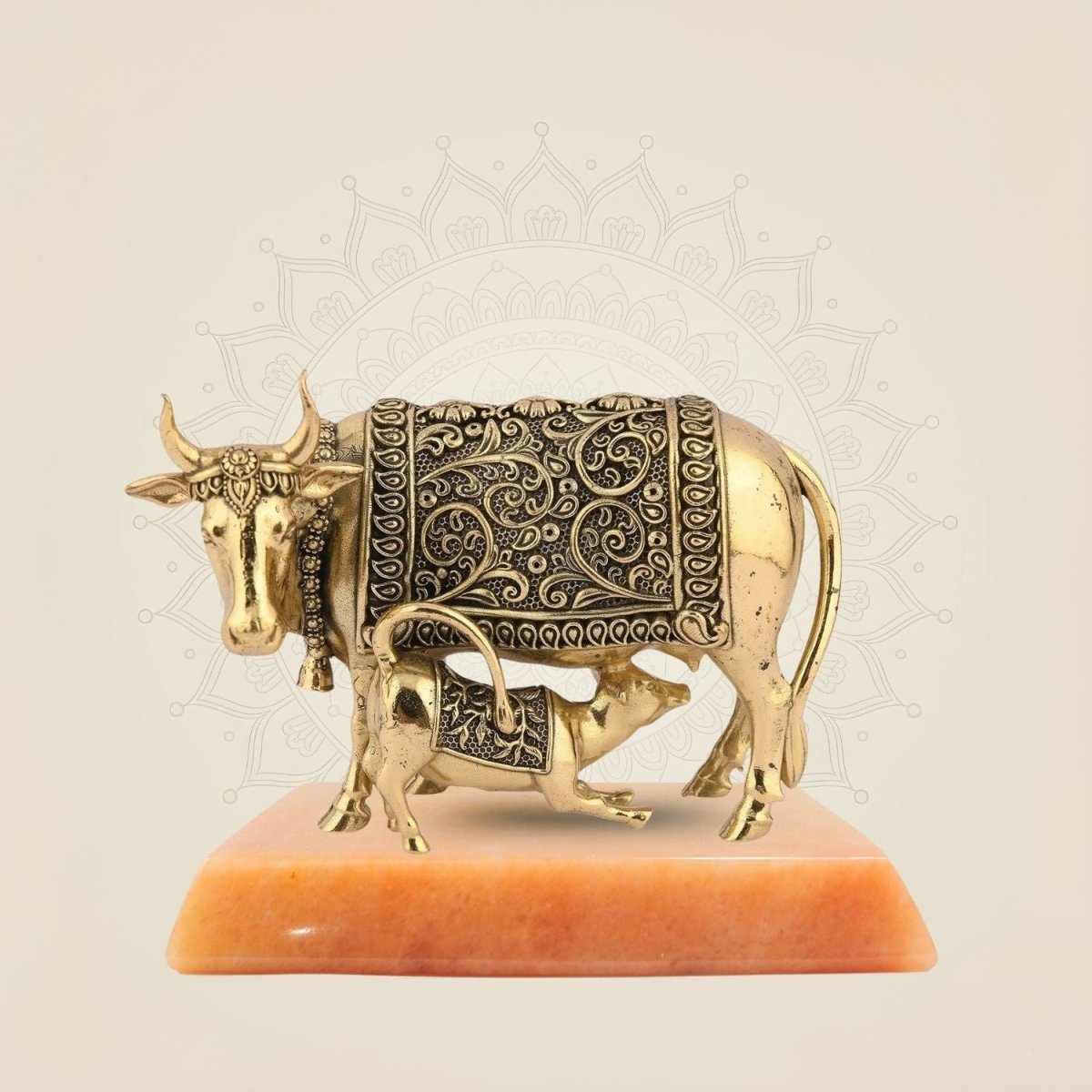 Handcrafted Brass Kamdhenu Cow with Calf Idol 2.5" - Auspicious Statue for Wealth, Peace - Luxeartisanship