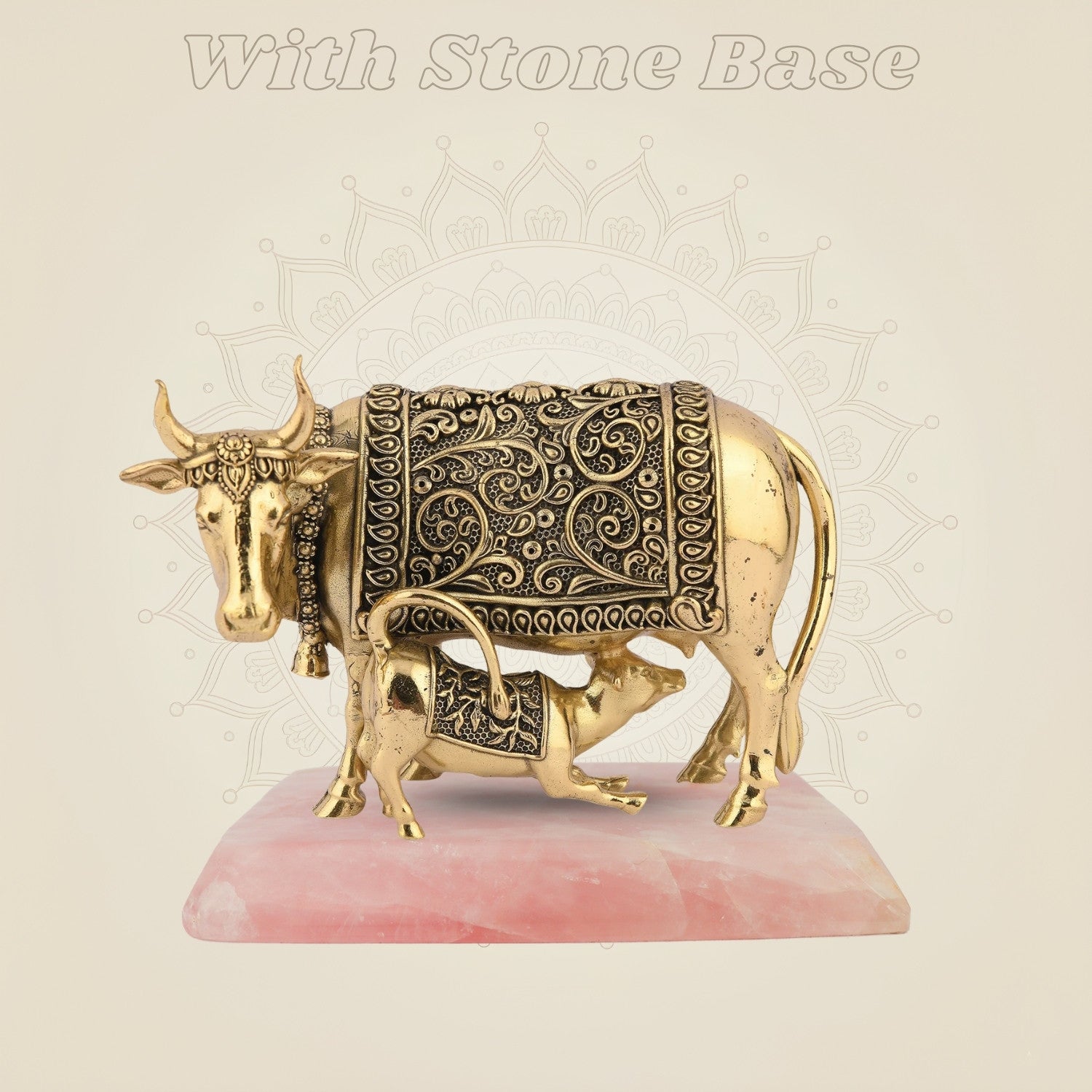 Handcrafted Brass Kamdhenu Cow with Calf with stone base