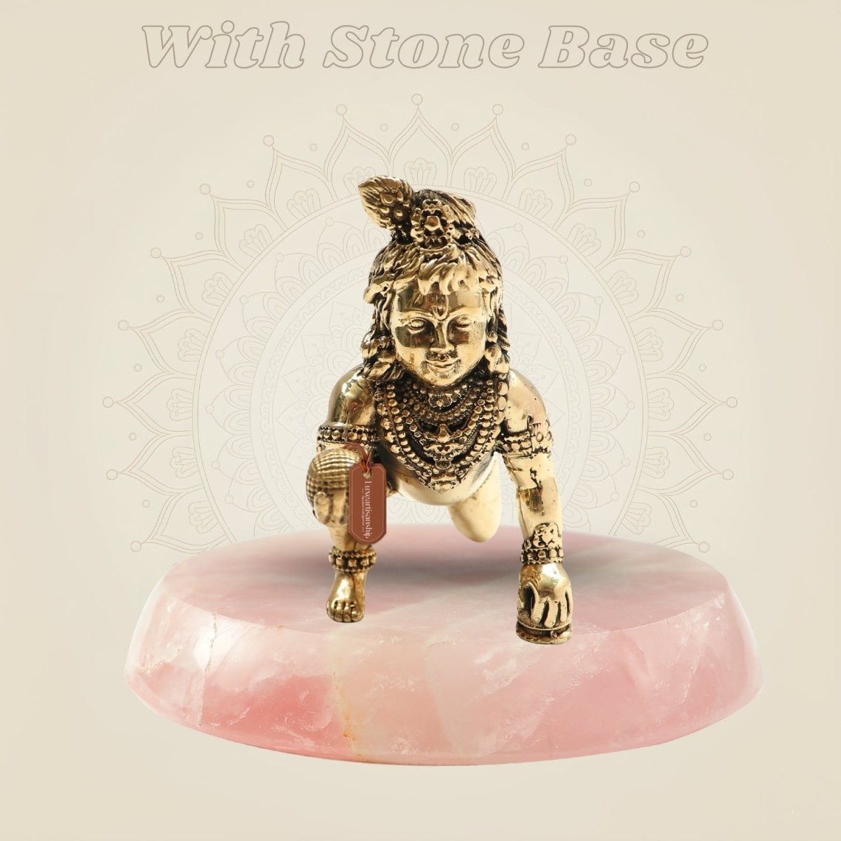 2.5-Inch Handcrafted Brass Laddu Gopal Idol on Pink Stone with Traditional Kanha Ji Design