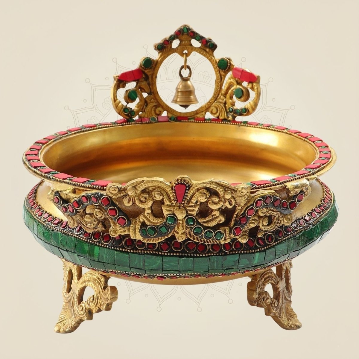 Handcrafted Brass Urli 9" - Bell Accents & Stone Work Decorative Piece - Luxeartisanship