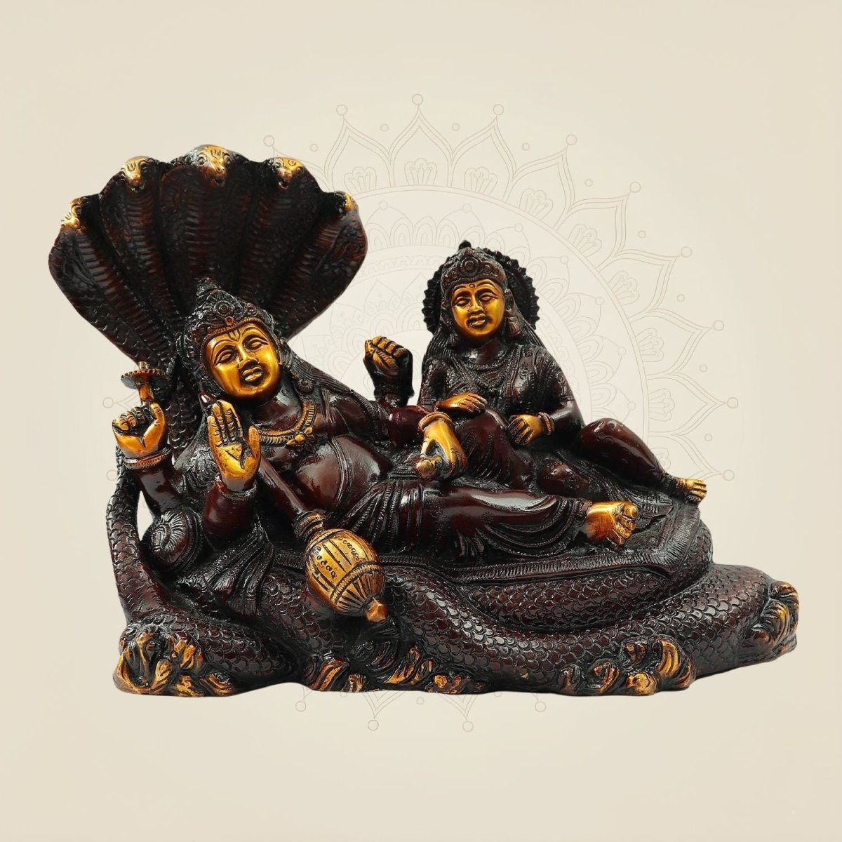 Handcrafted Brass Vishnu Laxmi Statue on Sheshnag – 9.5 Inch Idol - Luxeartisanship