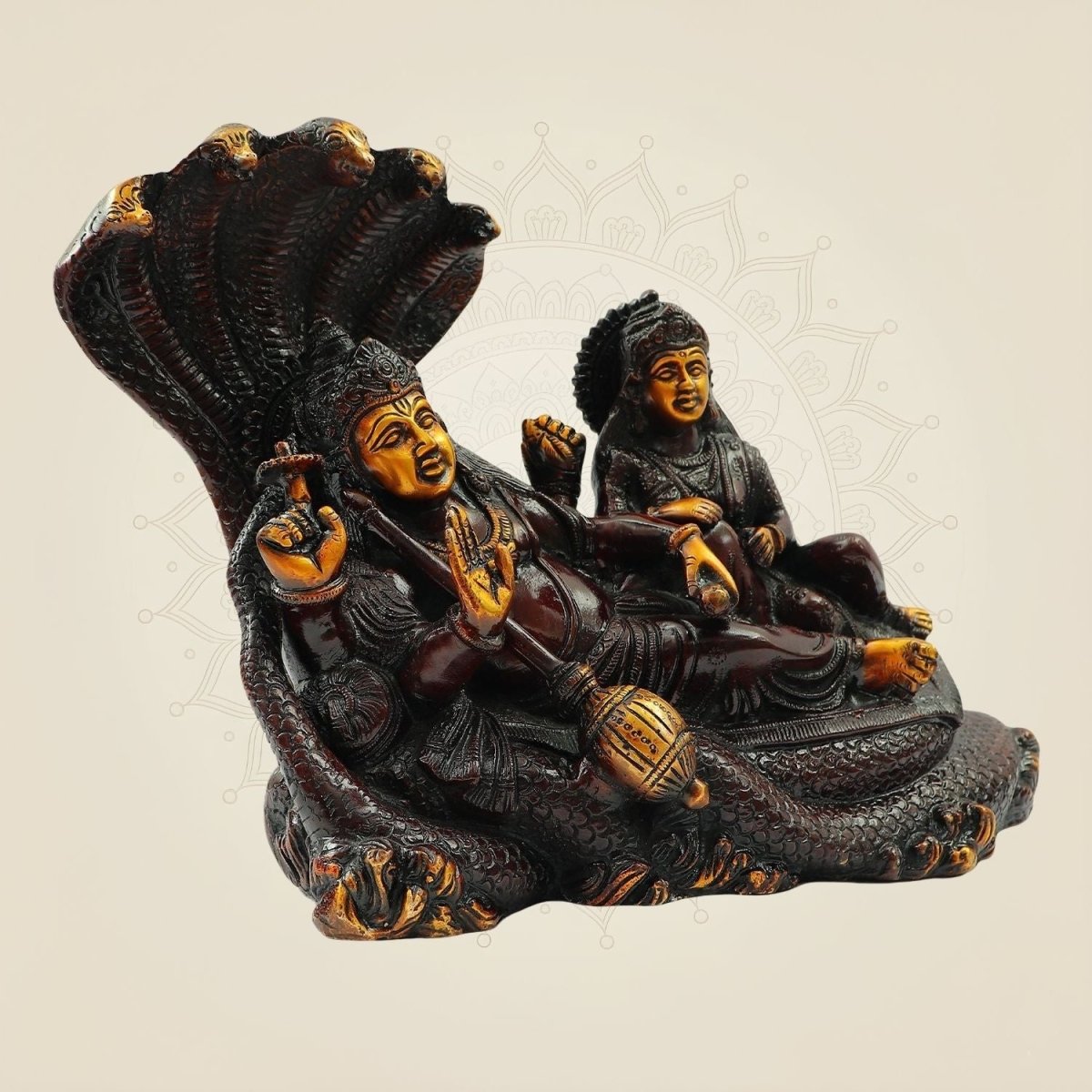 Handcrafted Brass Vishnu Laxmi Statue on Sheshnag – 9.5 Inch Idol - Luxeartisanship