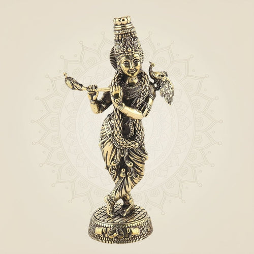 Handcrafted Krishna Brass Idol 9.5" - Flute Player Murti with Decorative Base