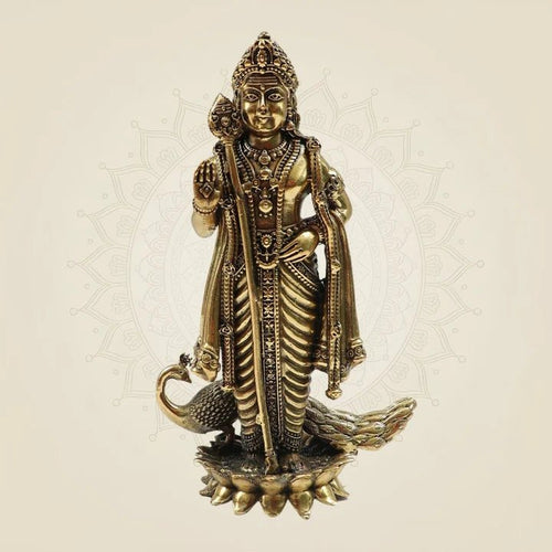 Handcrafted Lord Murugan Brass Statue with Peacock for Temple & Gift 6"
