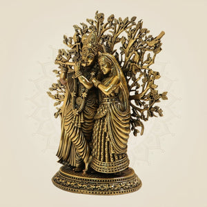 Handcrafted Pure Brass Radha Krishna Idol with Tree of Life – 6.25 Inch - Luxeartisanship