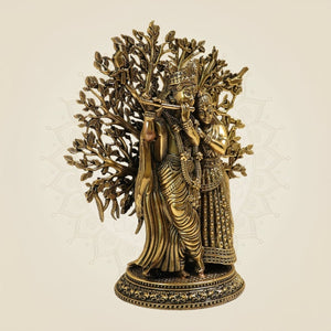 Handcrafted Pure Brass Radha Krishna Idol with Tree of Life – 6.25 Inch - Luxeartisanship