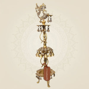 Large Brass Peacock Diya with Hanging Bells & Ghungroos