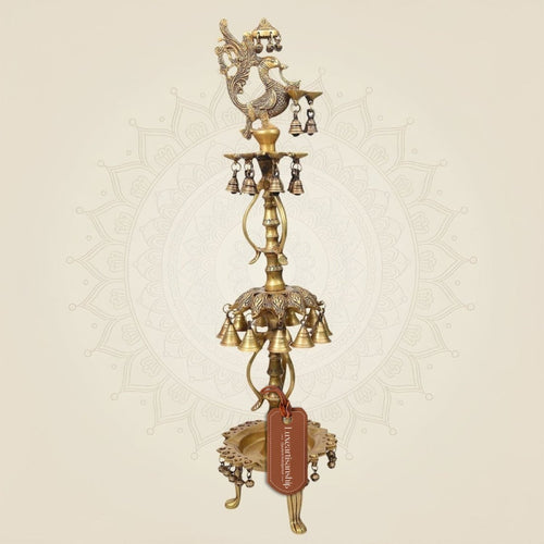 Handmade 34" Large Brass Peacock Diya with Hanging Bells & Ghungroos