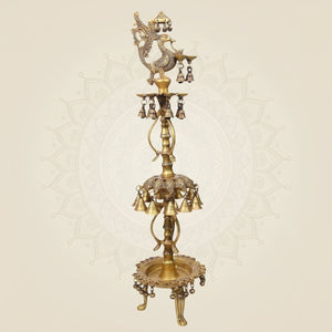 Large Brass Peacock Diya with Hanging Bells & Ghungroos
