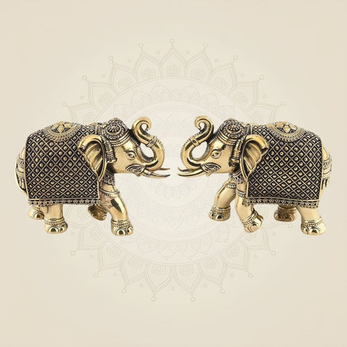 Intricately Carved Elephant Pair – 3" Lightweight Pure Brass Handicraft