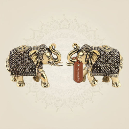 Intricately Carved Elephant Pair – 3" Lightweight Pure Brass Handicraft