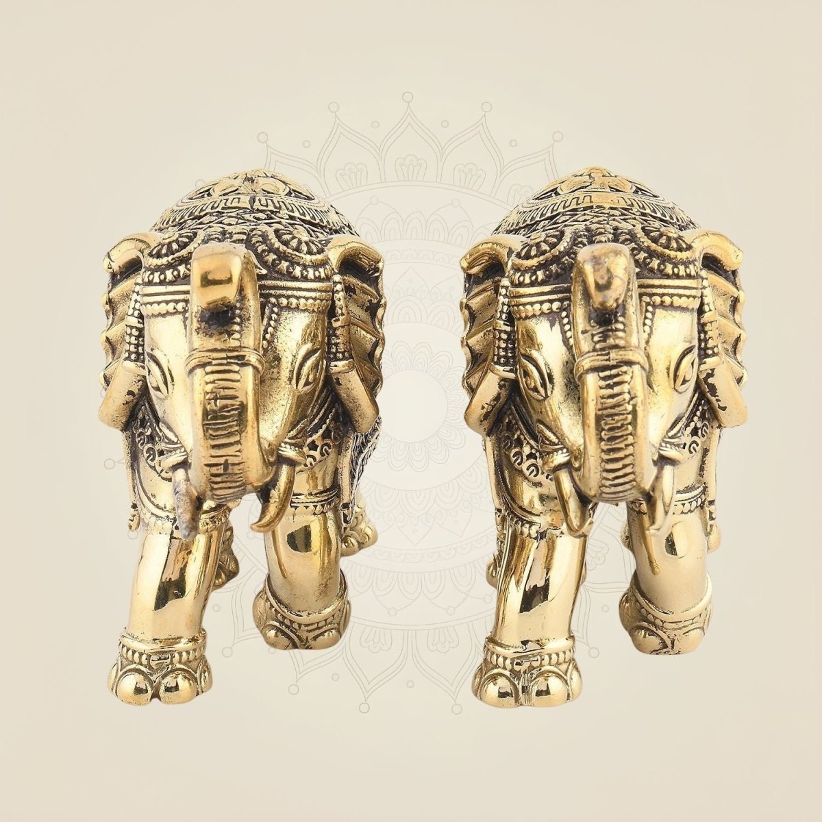 Intricately Carved Elephant Pair Brass Statue