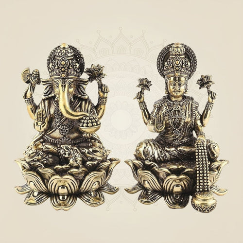 Intricately Carved Laxmi Ganesh Idol on Lotus 6"- Superfine Lightweight Brass Statue
