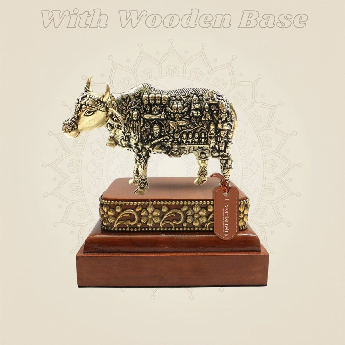3 inch Kamadhenu Cow Brass Statue with Square Wooden Base for Vastu