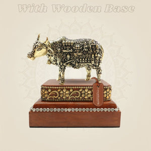 Brass Kamadhenu Cow Murti on Wooden Base for Vastu and Home Decor