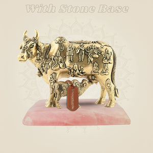 Kamdhenu Cow brass idol on stone base