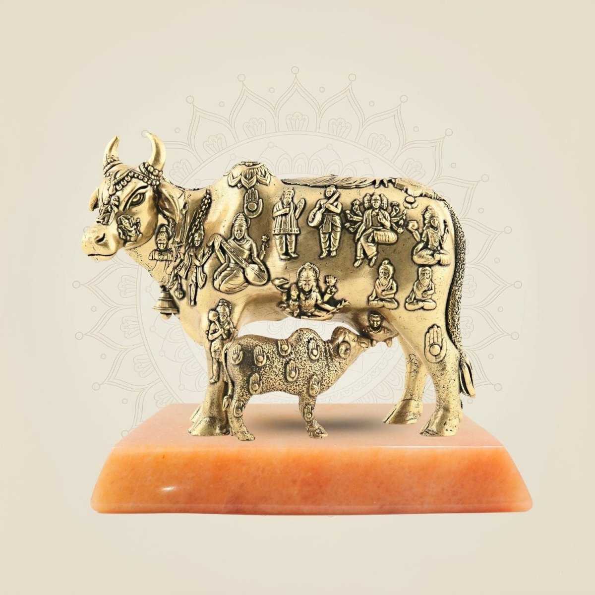 Kamdhenu Cow & Calf Murti with gemstone base