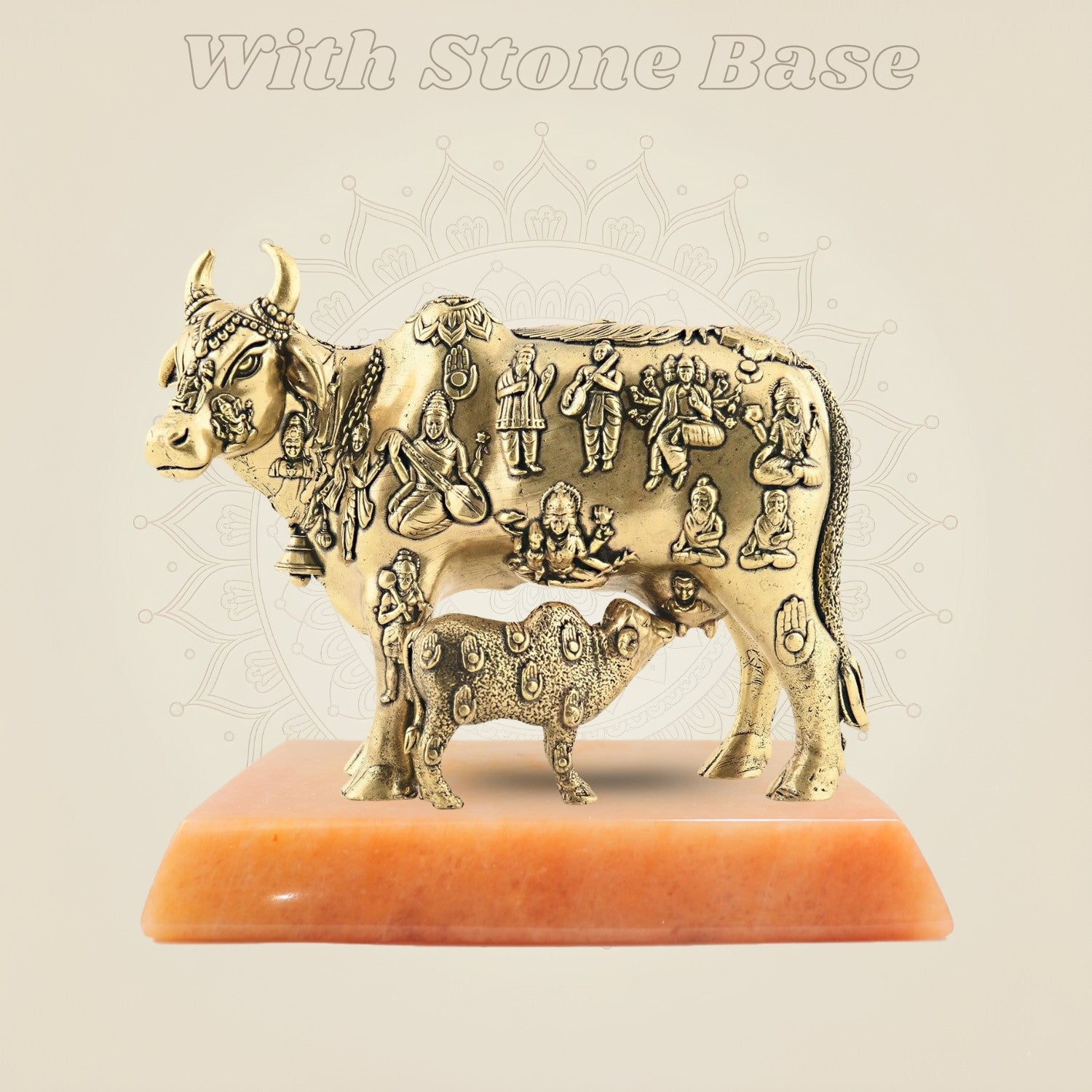 Kamdhenu Cow & Calf Murti with gemstone base