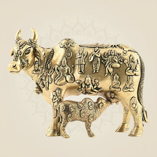 Kamdhenu Cow & Calf Brass Idol 3.75" – Sacred Indian Symbol of Prosperity