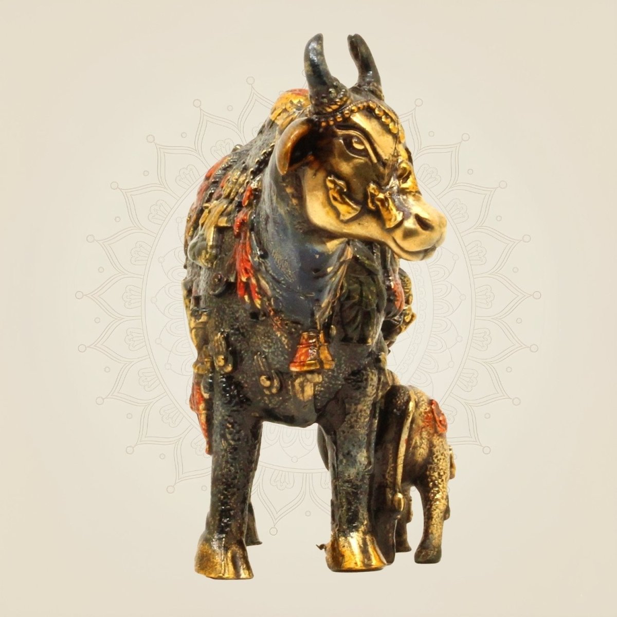 Multi colored Cow & Calf Brass Statue