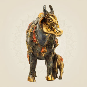 Multi colored Cow & Calf Brass Statue