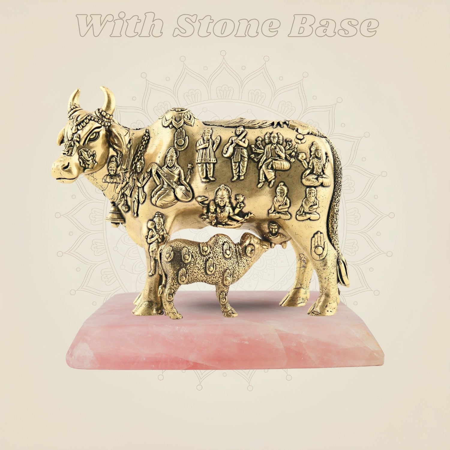 Kamdhenu Cow brass idol on stone base