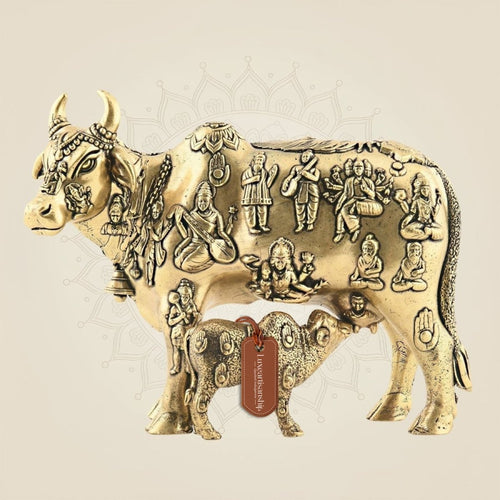 Kamdhenu Cow & Calf Brass Idol 3.75" – Sacred Indian Symbol of Prosperity