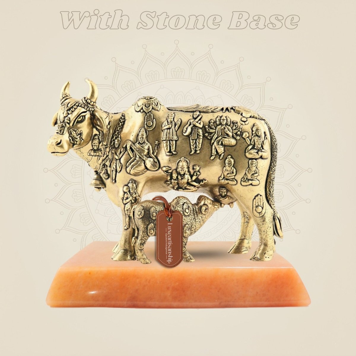 Kamdhenu Cow & Calf Murti with gemstone base