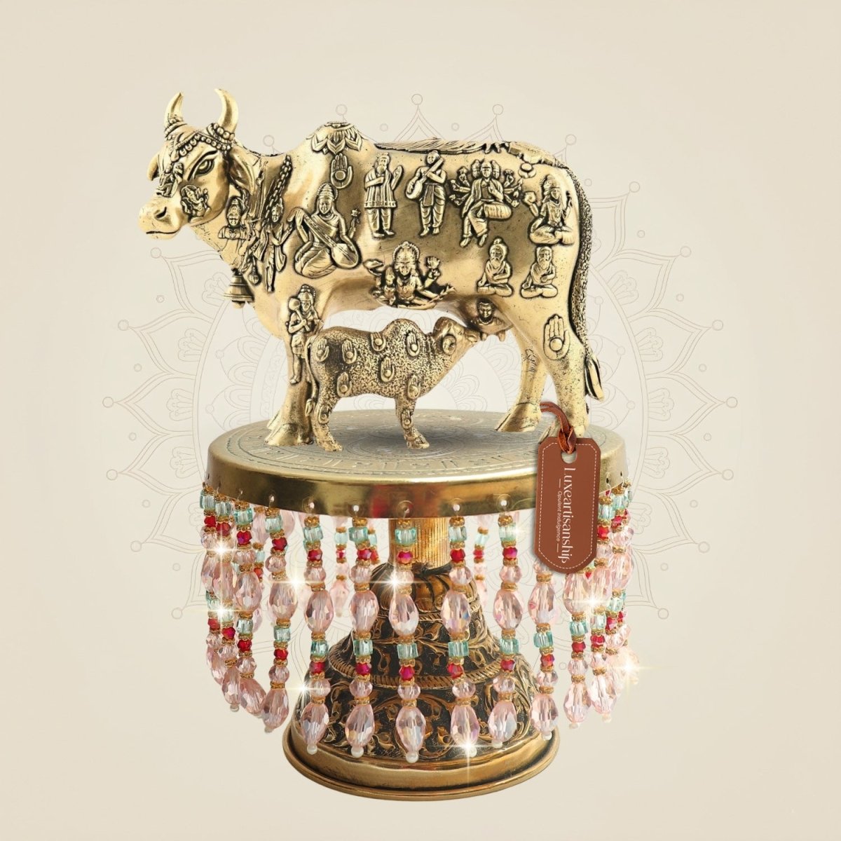 Kamdhenu Cow & Calf Brass Idol on Chowki 7.75"– Prosperity Form - Luxeartisanship