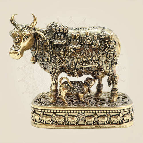 Kamdhenu Cow & Calf Idol • Divine Pure Brass Statue with Deities – 5.5"