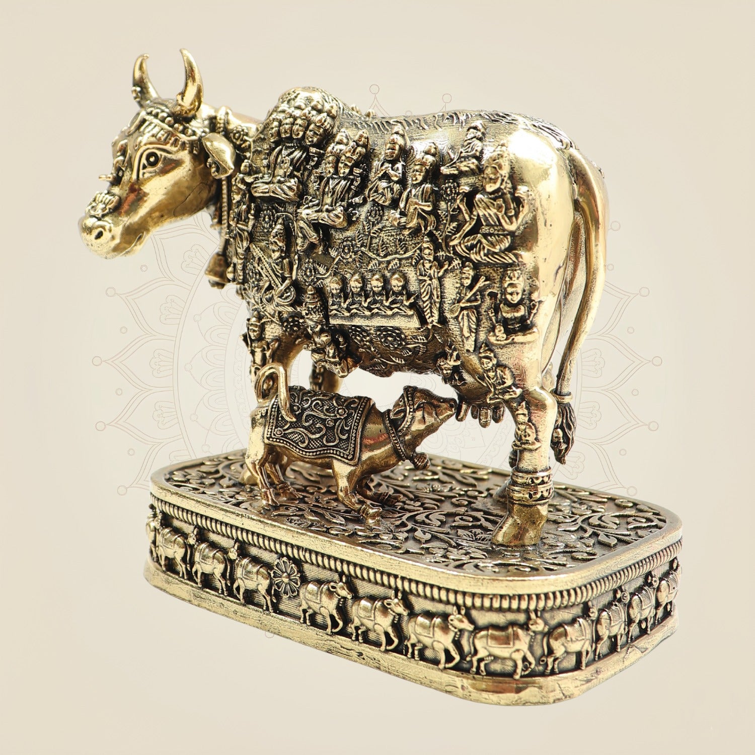 Kamdhenu Cow Brass Statue with Deities