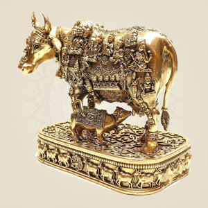 Kamdhenu Cow Brass Statue with Deities