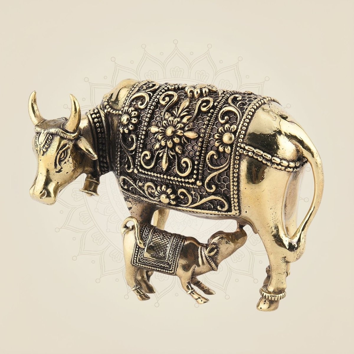 Kamdhenu Cow with Calf Brass Murti