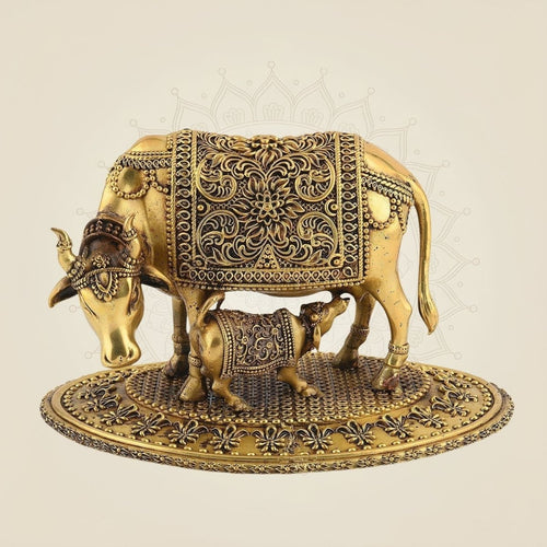 Kamdhenu Cow with Calf Brass Idol 3.5" – Handcrafted Vastu Decor for Home
