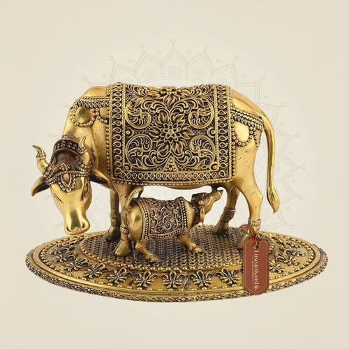 Kamdhenu Cow with Calf Brass Idol 3.5" – Handcrafted Vastu Decor for Home