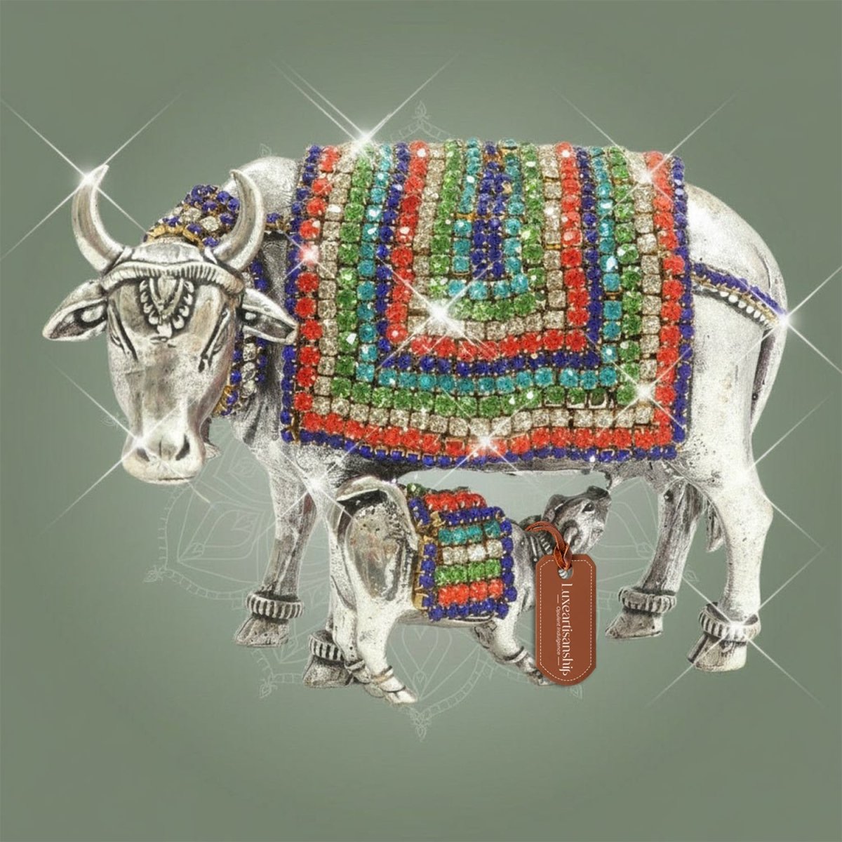 Brass Kamdhenu Cow Idol with Calf with Brass with Jewellery Stone Work