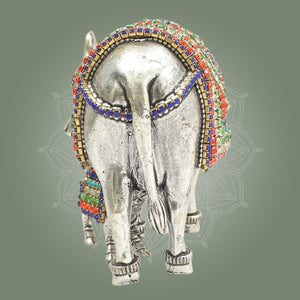Kamdhenu Cow with Calf Idol 3.5" Silver - Plated Brass with Jewellery Stone Work - Luxeartisanship