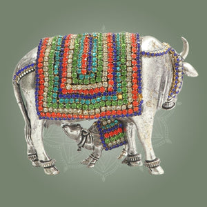 Kamdhenu Cow with Calf Idol 3.5" Silver - Plated Brass with Jewellery Stone Work - Luxeartisanship
