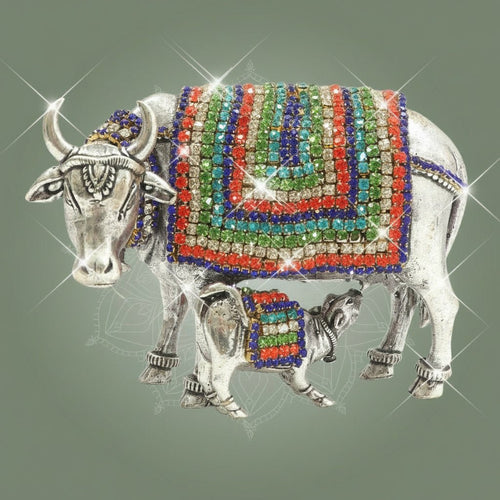Kamdhenu Cow with Calf Idol 3.5" Silver-Plated Brass with Jewellery Stone Work