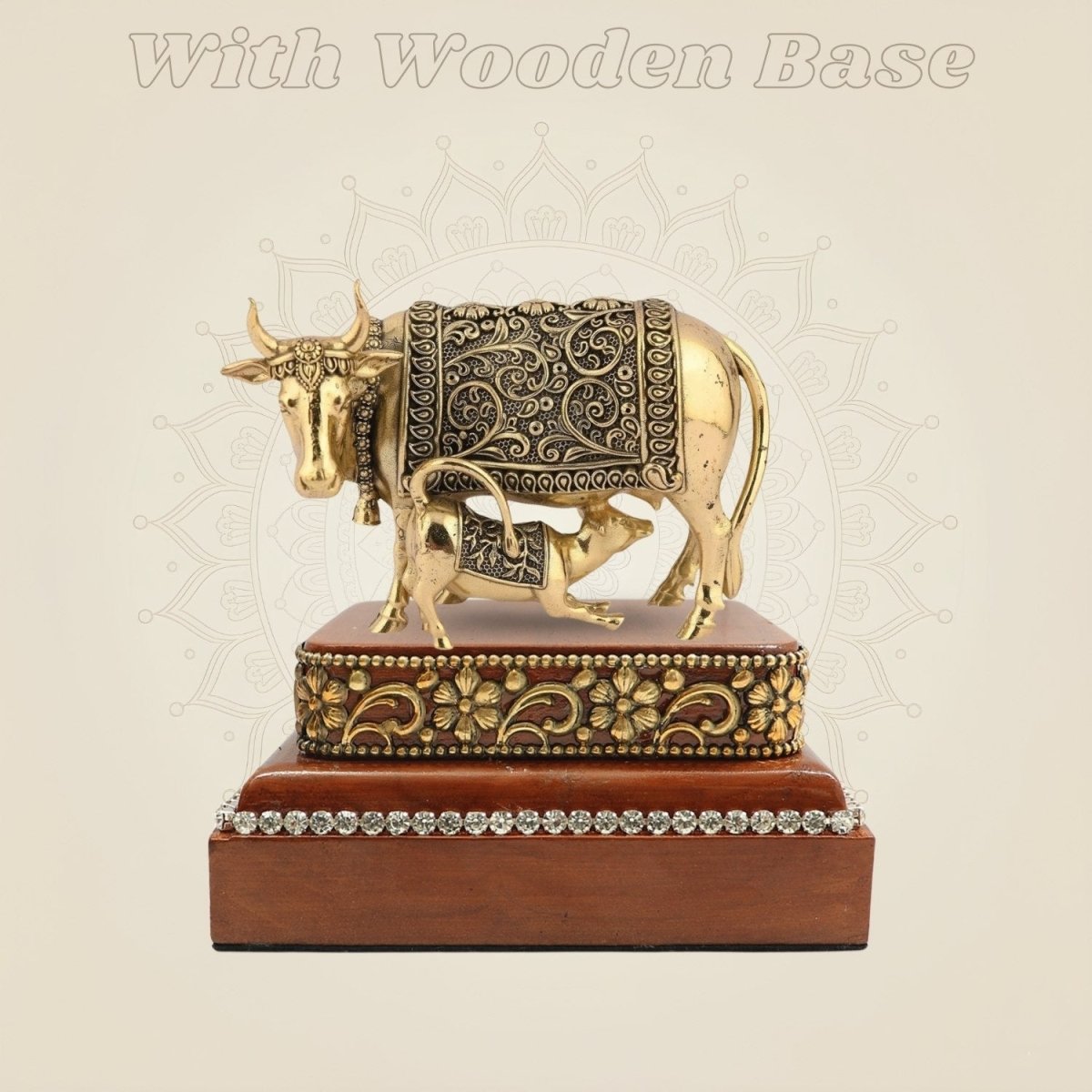 Kamdhenu Cow with Calf Idol in Brass 3.25″ with Handcrafted Square Wood Base - Luxeartisanship