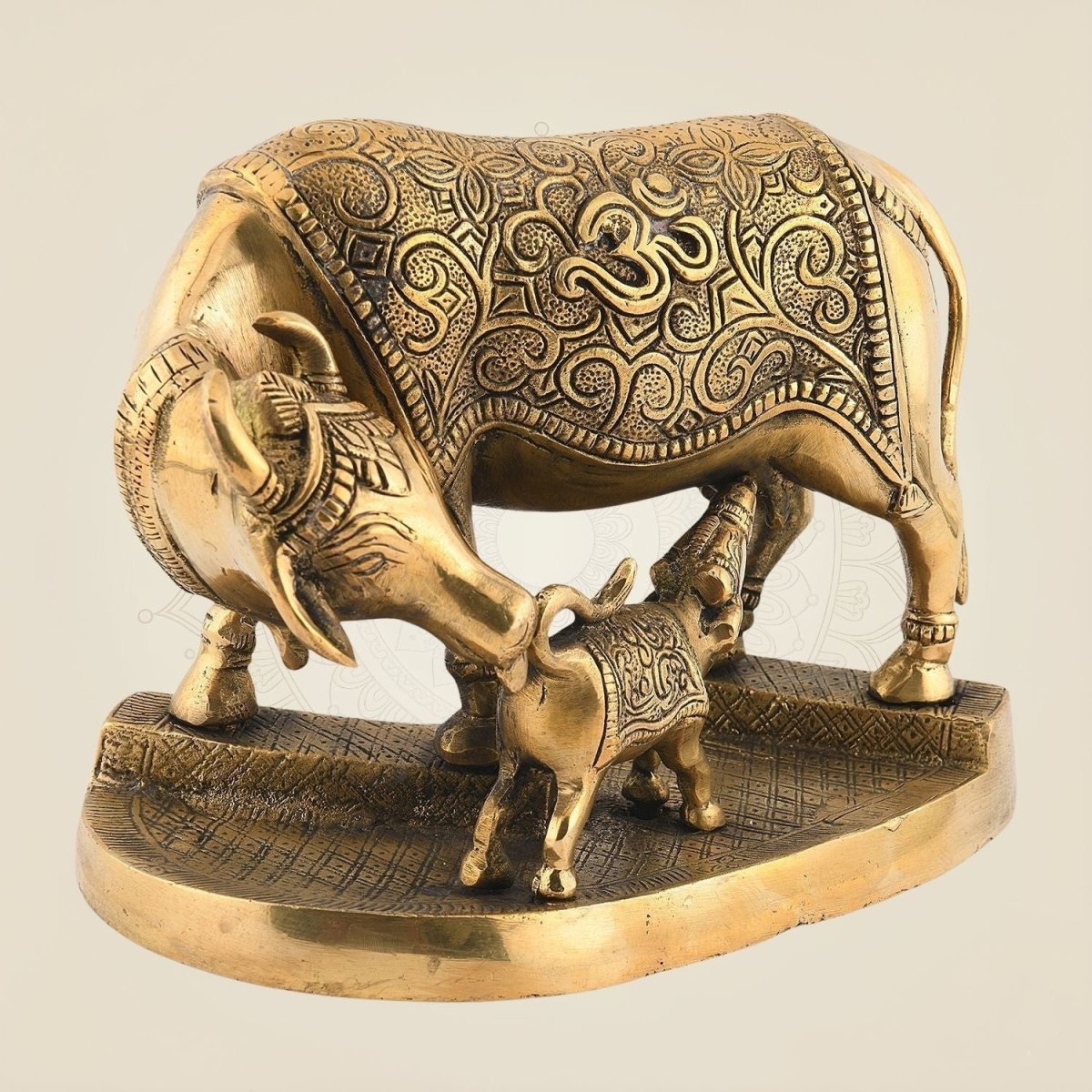 brass Kamdhenu Cow with Calf on Base