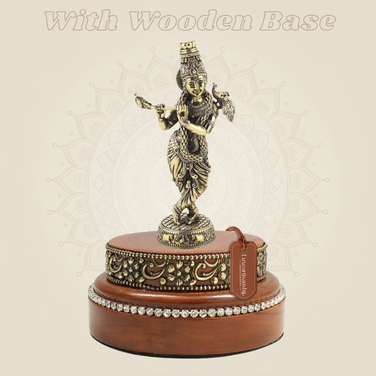 Krishna Playing the Flute Brass Idol 6.5" Displayed on a Round Wooden Platform - Luxeartisanship
