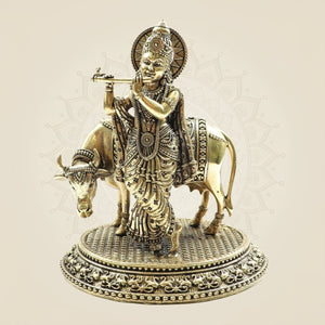 Krishna with Cow Brass Idol – Flute Playing Divine Murti - 5"