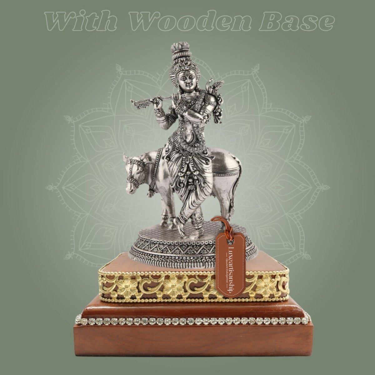 Handcrafted Krishna with Cow Brass Statue on Wooden Base for Spiritual Decor