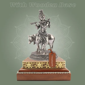 Handcrafted Krishna with Cow Brass Statue on Wooden Base for Spiritual Decor